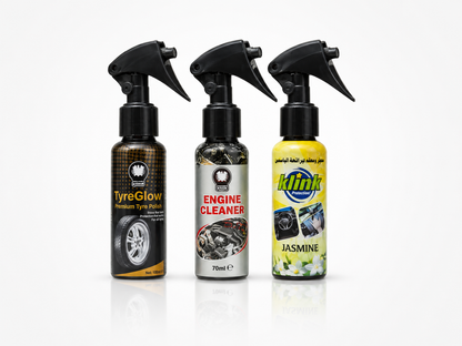3-in-1 Bike Care Combo – TyreGlow, Engine Degreaser & Klink Jasmine Luster | 70ml Each